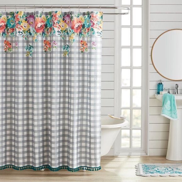 NEW The Pioneer Woman Sweet Romance Gingham Floral Cotton-Rich Shower Curtain, 7 - Picture 1 of 9